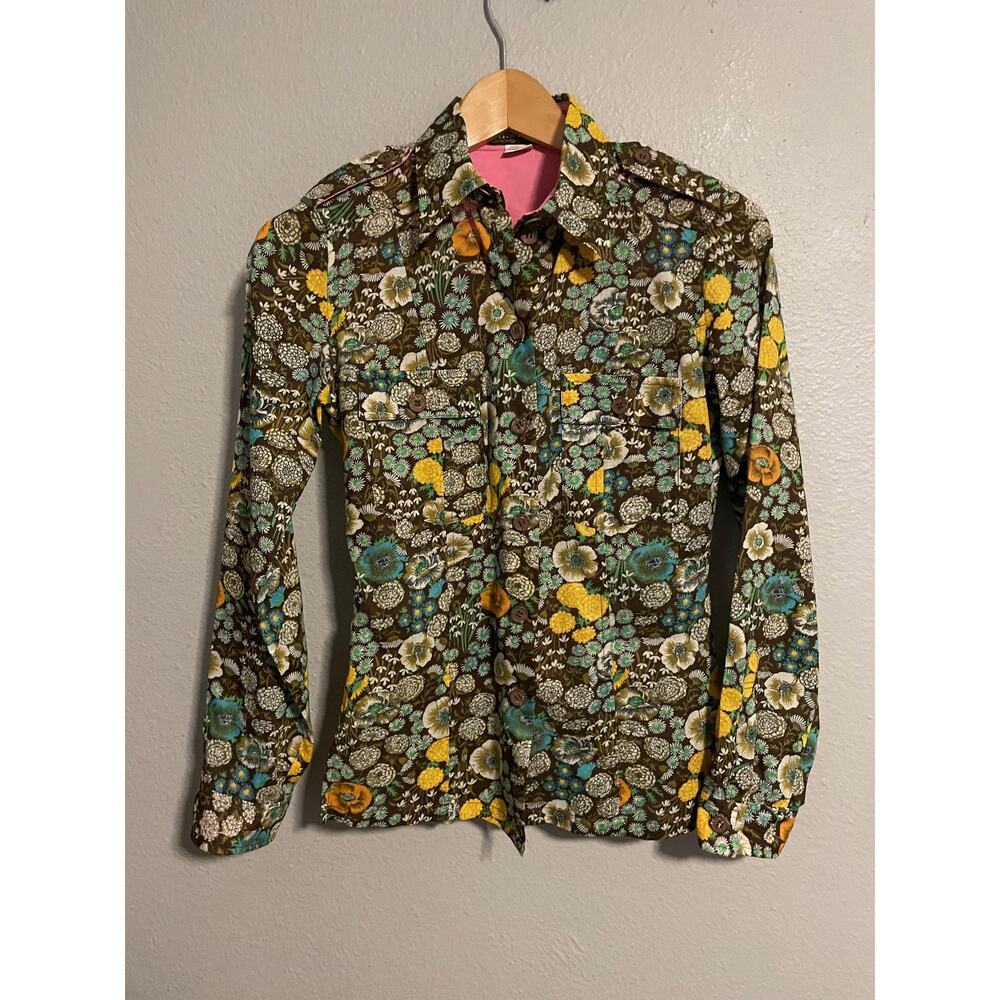 Vintage Tracy Feith Top Womens Petite Brown Floral Button Front Boho Mod 90s